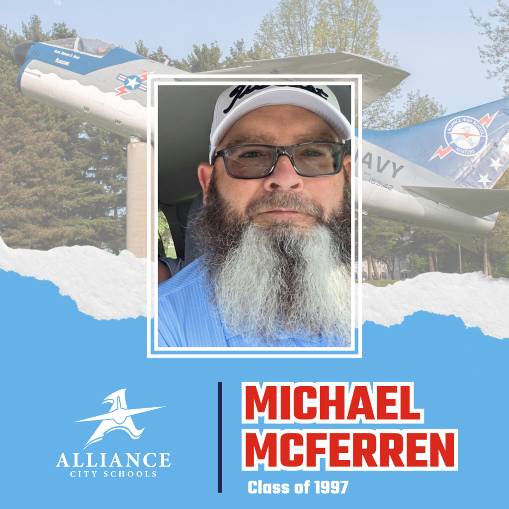 A blue social media graphic highlighting Micael McFerren Class of 1997 as the alumni spotlight