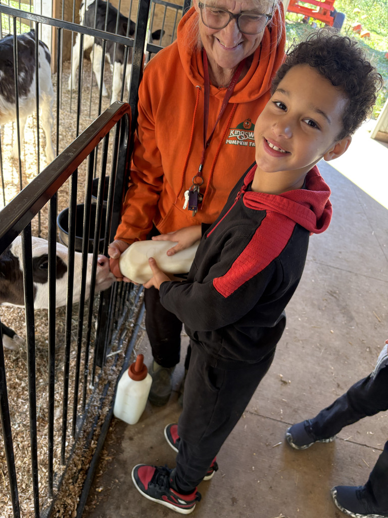 A student smiles while feeding a baby calf from a milk bottle