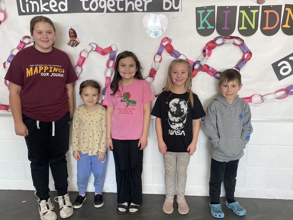 Elementary Alma Pride Winners. (Left to Right) Elle Myren, Oakley Wirtala, Esther Burrow, Elouise Green, and Drew Bork.