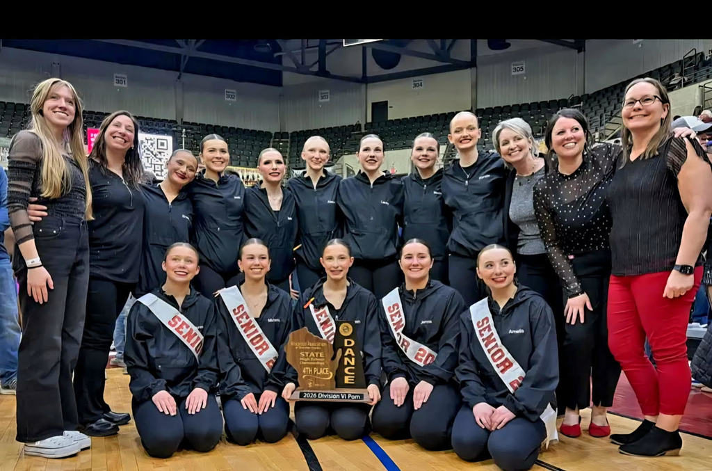 Picture of the members and coaches of the Pepin/Alma Eagles Dance team that placed 4th in the pom for Division six at State Dance on February 6, 2026 in La Crosse, Wisconsin