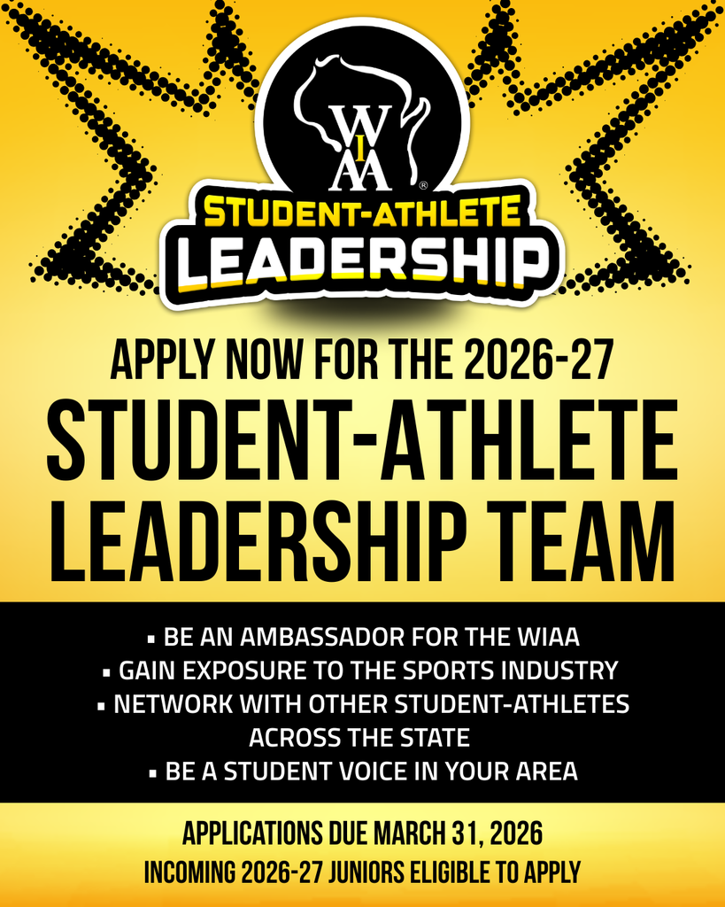 This is a promotional flyer for the Wisconsin Interscholastic Athletic Association, or WIAA. The top of the flyer features the WIAA logo inside a black circle, set against a yellow background with a large, stylized black star pattern.