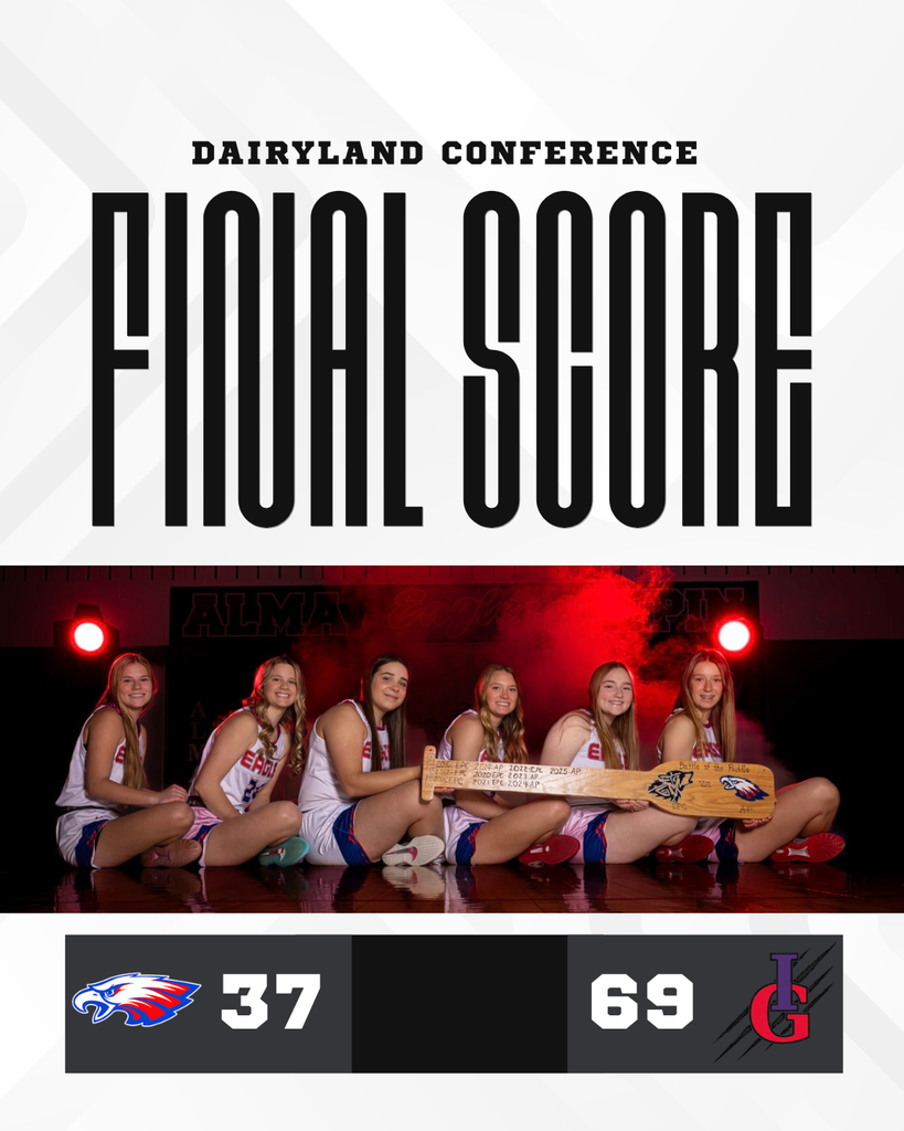 Graphic reading “Dairyland Conference Final Score” above a photo of six girls basketball players sitting on a gym floor holding a wooden paddle trophy, with the score shown as 37–69 between two team logos.