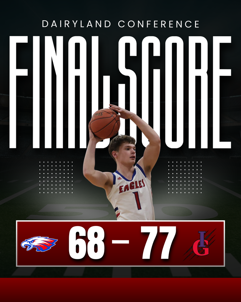 Graphic announcing “Dairyland Conference Final Score” featuring basketball player, Justin Bergmann, holding the ball with the score displayed as 68–77 between two team logos.