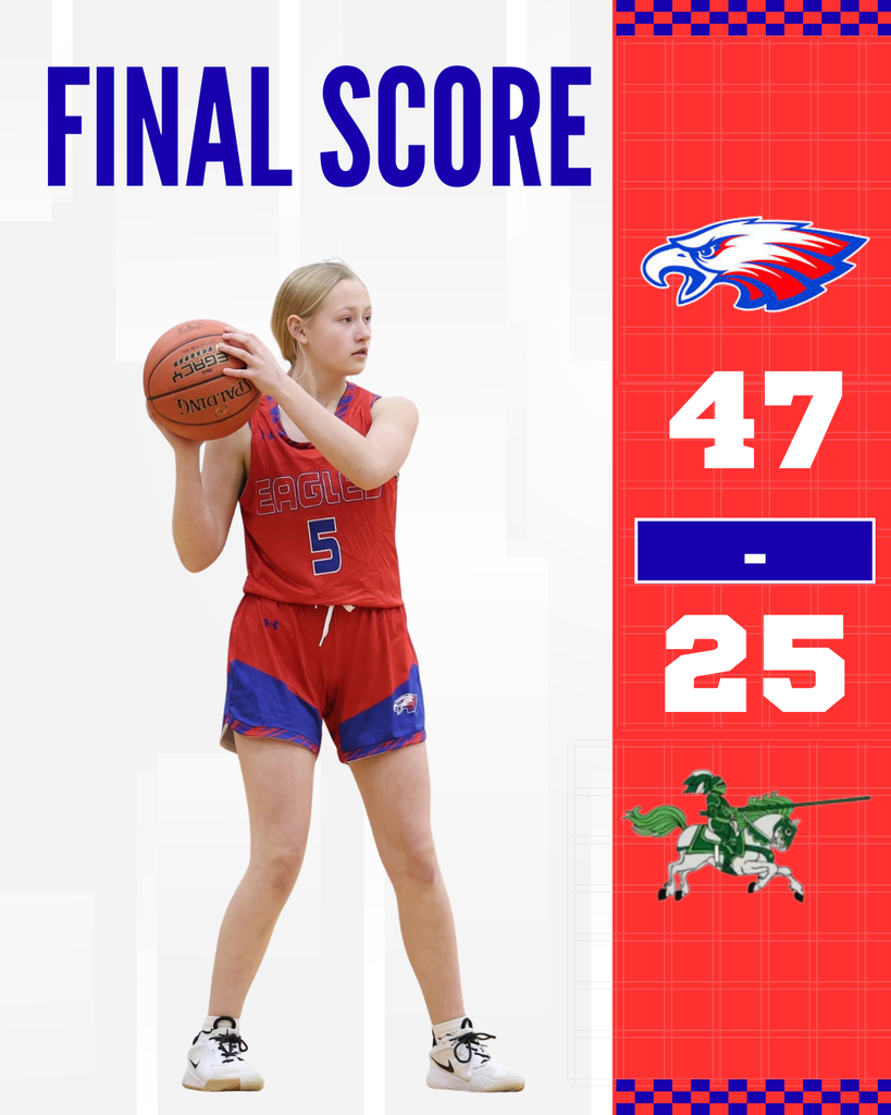 Graphic showing a girls basketball final score of 47–25 with the Eagles winning, and Ayva Tulip holding a basketball beside a scoreboard-style design with team logos.