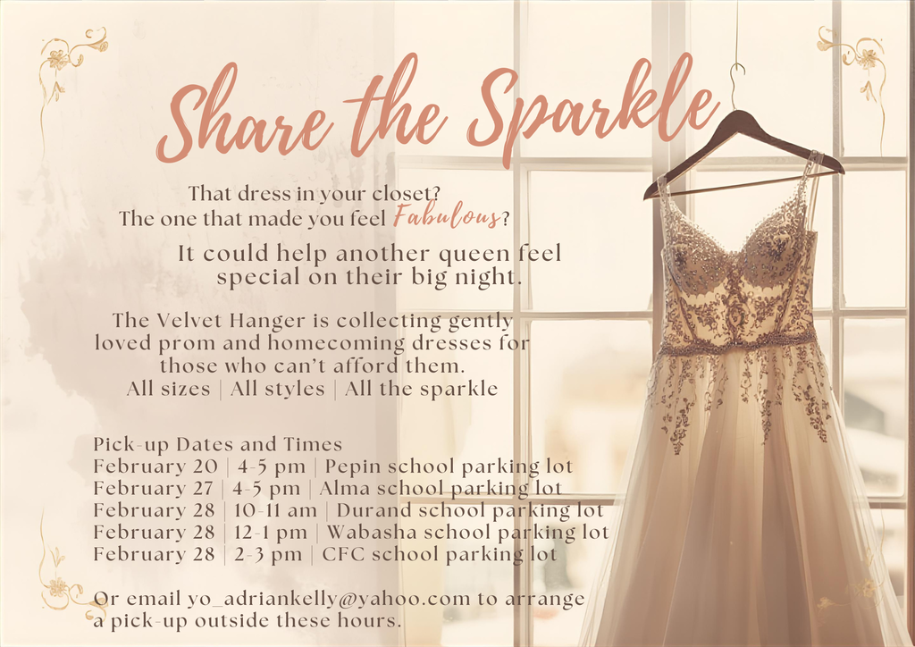 This image is a soft, elegant flyer showing a sparkly champagne-colored prom dress hanging on a dark hanger in front of a sunlit window. The left side contains warm-toned text that says “Share the Sparkle” and explains a dress donation drive for prom and homecoming dresses to help those who can’t afford them