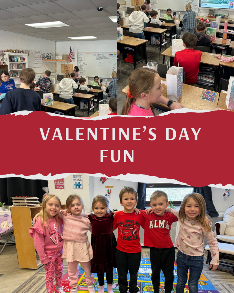 A collage highlighting Valentine’s Day activities in elementary classrooms. The top images show students at their desks participating in class parties, exchanging Valentine bags and treats, and engaging in classroom activities. A red banner across the center reads “Valentine’s Day Fun.” The bottom image shows a group of six elementary students standing together with arms around each other, smiling and dressed in red, pink, and Valentine-themed clothing in a bright classroom setting.