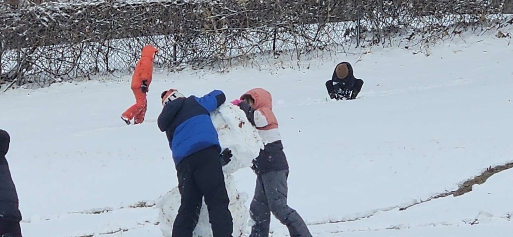 Several children in winter clothing collaborate to roll a large snowball across a snow-covered hill as they build a snowman. In the foreground, one child in a blue and black jacket and another in a pink and gray jacket push the snowball together. Other children, including one in a bright orange snowsuit and another crouching farther up the hill, play in the snow nearby. The hillside is lightly covered with snow, with some exposed grass visible. Bare trees and brush form a wooded background beneath a cloudy winter sky.