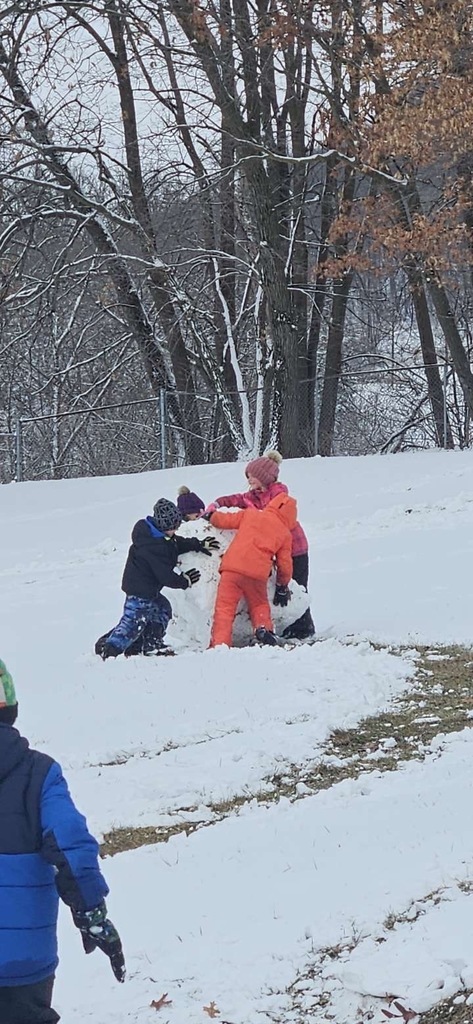 Several children in winter clothing collaborate to assemble a snowman across a snow-covered hill. In the foreground, one child in a blue and black jacket, one child in a bright orange snowsuit and another in a pink and gray jacket push the snowball together ontop of the base of the snowman. The hillside is lightly covered with snow, with some exposed grass visible. Bare trees and brush form a wooded background beneath a cloudy winter sky.
