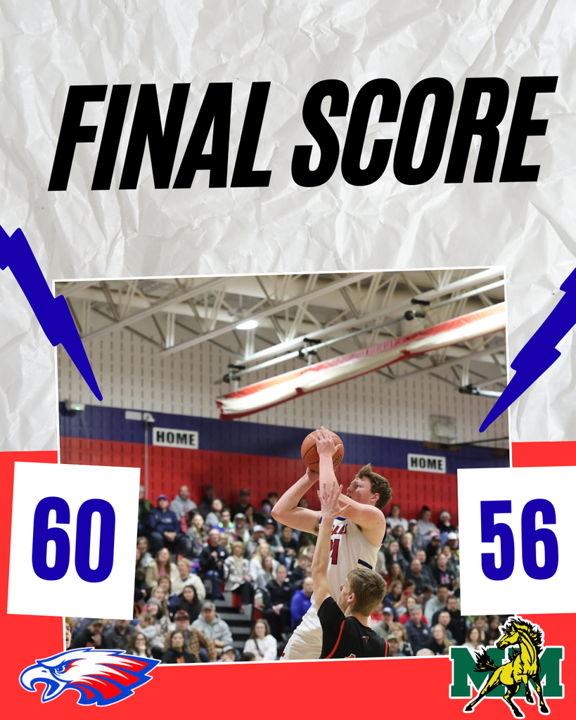 Graphic showing a basketball game final score of 60 Alma-Pepin to 56 Melrose Mindoro. 