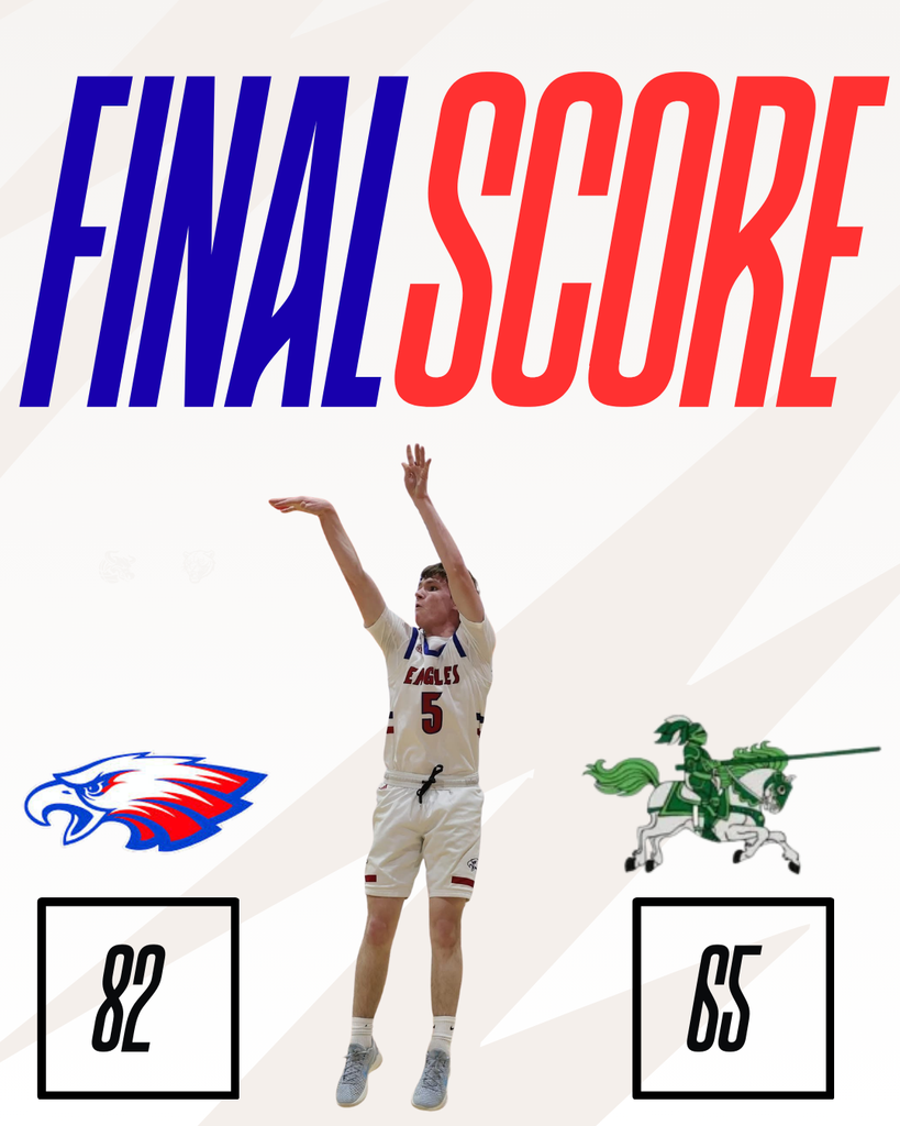 Graphic saying FINAL SCORE, Eagles having a score of 82 and the Lancers having a score of 65. Eagles number five, Owen Post, is also included underneath words. 