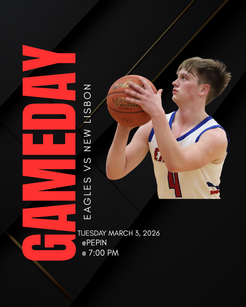 The graphic features a modern black and dark grey textured background with diagonal gold accents. On the right, there is a photo of a basketball player in a white and blue jersey with the number 4, holding a basketball in a shooting position. The word "GAMEDAY" is written in large, bold red vertical text on the left side.