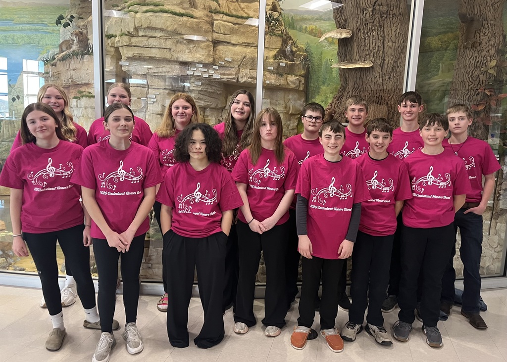 This photo shows Alma and Pepin 8th Grade students dressed in pink t shirts standing in front of a nature scene.  