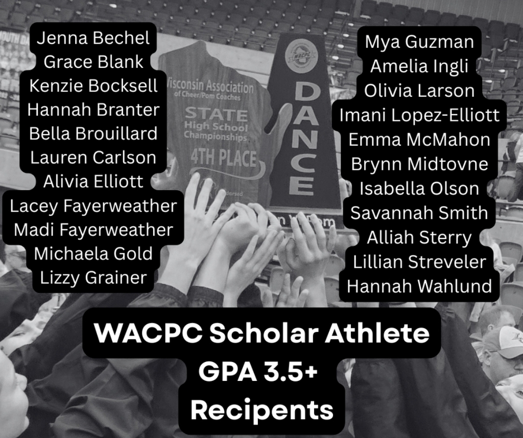A black-and-white photo shows a group of dancers standing close together in a gym, raising their hands to hold up a large trophy that reads “Wisconsin Association of Cheer/Pom Coaches State High School Championships – 4th Place,” with the word “DANCE” on the side. Over the image, text lists the names of team members on both sides, and at the bottom it says “WACPC Scholar Athlete GPA 3.5+ Recipients,” indicating these athletes earned a 3.5 or higher GPA while competing. The background shows stadium seating, suggesting the photo was taken during a state championship event.