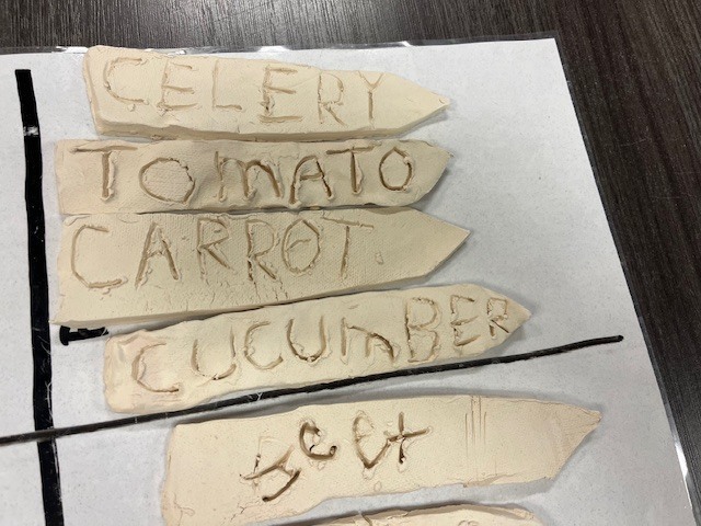 and-sculpted white clay garden markers. The markers are rectangular with pointed ends, featuring the names of vegetables—Celery, Tomato, Carrot, Cucumber, and Beet—etched deeply into the clay.