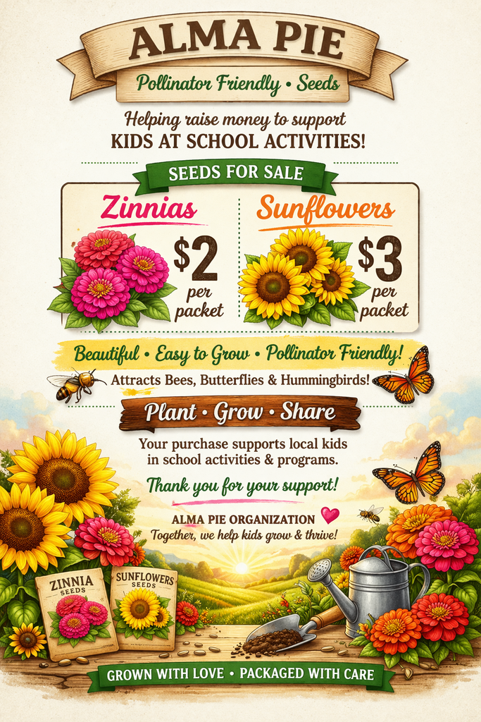 A colorful, vintage-style fundraiser poster for the Alma Pie Organization titled "Pollinator Friendly Seeds." The top features a banner stating the mission: "Helping raise money to support KIDS AT SCHOOL ACTIVITIES!"  The center of the poster highlights two seed options:  Zinnias: Featured with pink flower illustrations, priced at $2 per packet.  Sunflowers: Featured with yellow flower illustrations, priced at $3 per packet.  Text across the middle describes the seeds as "Beautiful, Easy to Grow, and Pollinator Friendly," noting they attract bees, butterflies, and hummingbirds. The bottom of the poster features an artistic illustration of a rolling garden at sunrise with a watering can, a trowel, and seed packets, alongside the slogan "Plant • Grow • Share." A final note thanks donors, stating that purchases support local kids in school activities and programs.