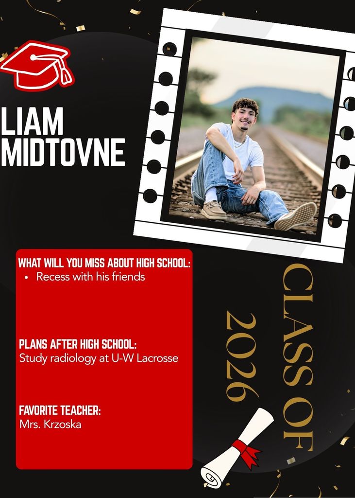 A Class of 2026 senior graphic featuring a portrait of a student named Liam Midtovne sitting on railroad tracks, with text about his favorite memory of spending time with friends, plans to study radiology at UW–La Crosse, and his favorite teacher.