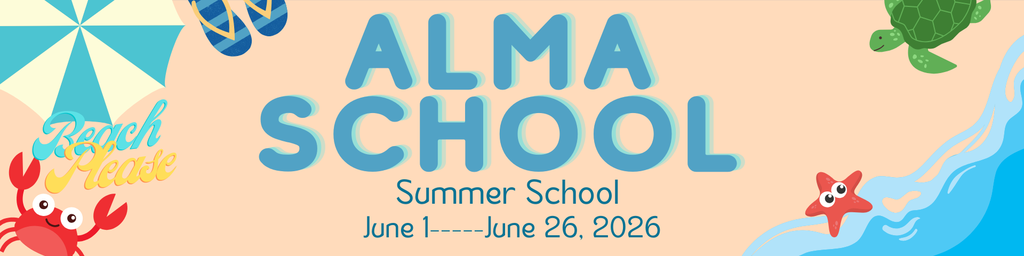 Promotional banner for Alma School Summer School, running from June 1st to June 26th, 2026. The graphic features a playful summer beach theme with illustrations of sea creatures, a beach umbrella, and waves.