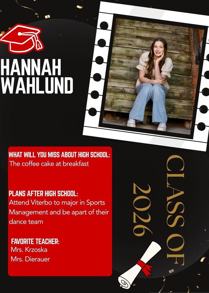 A Class of 2026 senior graphic featuring Hannah Wahlund, with a portrait of her sitting on wooden steps. The text notes her favorite memory of enjoying breakfast coffee cake, plans to attend Viterbo for sports management and dance team, and favorite teachers.