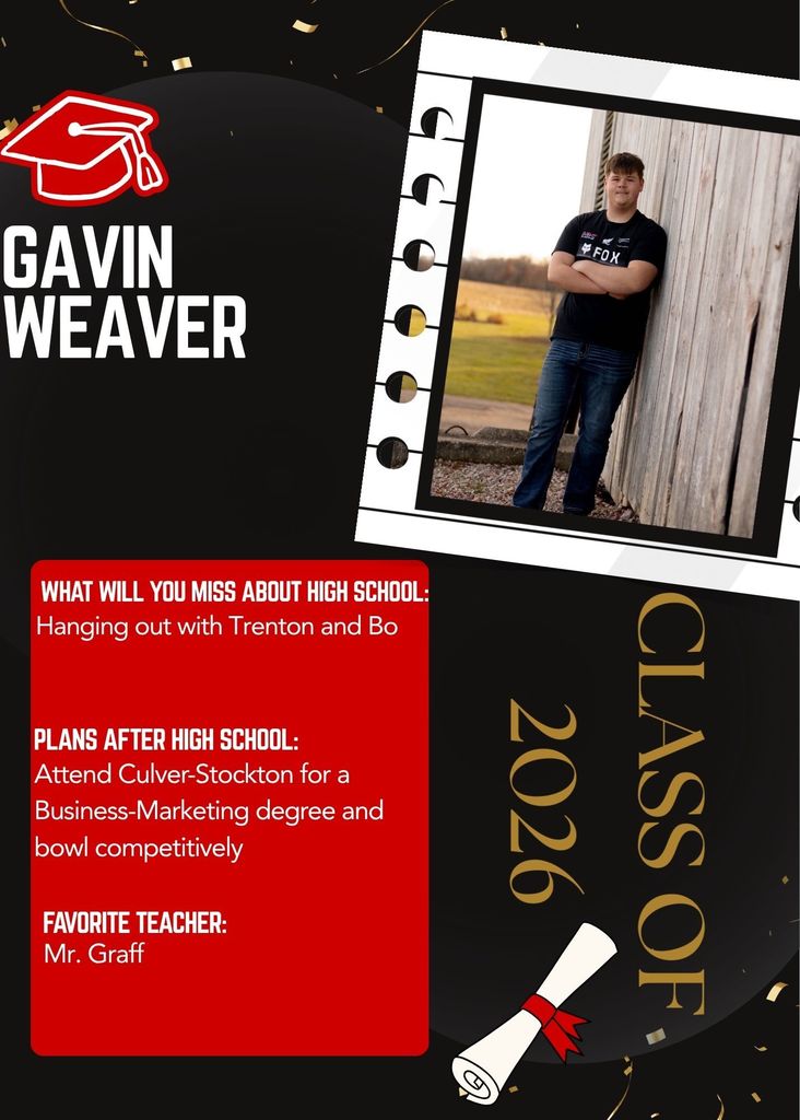 Senior spotlight graphic featuring Gavin Weaver, Class of 2026. The design includes a graduation cap icon, confetti accents, and a portrait of Gavin standing outdoors with arms crossed, leaning against a wooden wall. Text reads: “What will you miss about high school: Hanging out with Trenton and Bo.” “Plans after high school: Attend Culver-Stockton for a Business-Marketing degree and bowl competitively.” “Favorite teacher: Mr. Graff.” The words “Class of 2026” appear along the side with a diploma illustration.
