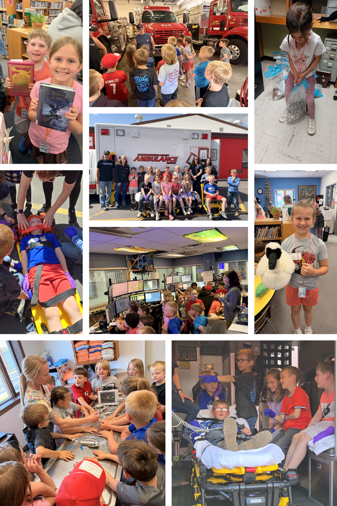 Collage 1: Community Helpers and Learning Overall Description: A photo collage of elementary-aged children participating in a community field trip, featuring visits to fire and rescue services, a dispatch center, and a library.  Top Left: Two smiling children hold up "Percy Jackson" books inside a library.  Top Center: A group of children stands in a fire station, looking up at a red fire engine while a firefighter speaks to them.  Top Right: A young girl looks down at a large clear bag filled with metal tabs she is holding.  Middle Left: Two adults demonstrate how to secure a child onto a yellow medical backboard using orange head blocks and straps.  Center: A large group of children and supervisors pose for a group photo in front of a Western Buffalo County Ambulance.  Middle Right: A girl smiles while holding a large, white plush swan puppet in a library or classroom setting.  Lower Center: Children crowd around a high-tech dispatch center, looking at multiple computer monitors showing maps and data.  Bottom Left: A group of children gather around a metal table in a medical or veterinary setting, watching a woman in floral scrubs demonstrate medical equipment.  Bottom Right: Several children sit inside the back of an ambulance, practicing with a gurney and medical gloves under supervision.