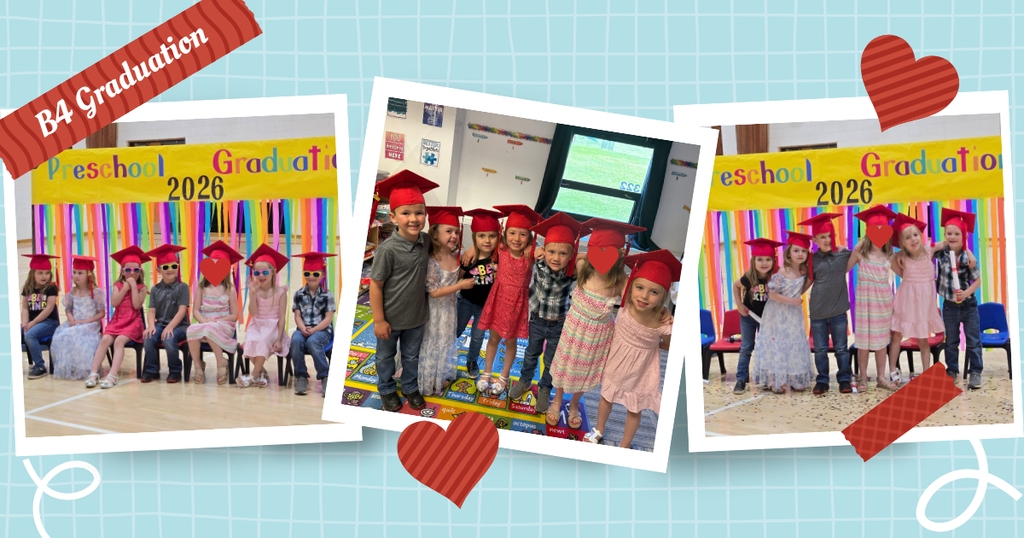 A digital collage of three photos celebrating a 2026 preschool graduation. The photos feature a group of young children wearing red graduation caps, smiling, and posing together. Two photos show the children standing and sitting in front of a colorful streamer backdrop with a yellow banner that reads "Preschool Graduation 2026." The central photo shows them lined up in a classroom. The collage is styled with a light blue grid background, red heart graphics, and decorative tape elements.