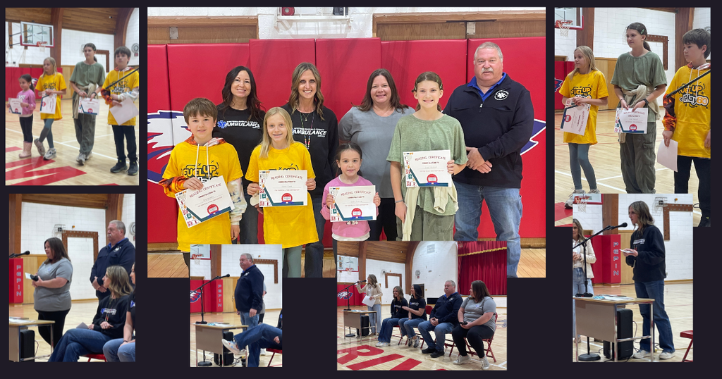 A photo collage capturing a student recognition event in a school gymnasium. The central, largest image features four school-aged children standing in a row holding "Reading Certificates," flanked by four supportive adults behind them against a red gym wall. The surrounding smaller photos show the students waiting to receive their certificates, an adult speaking into a microphone at a table, and adults sitting in chairs observing the ceremony. The students are dressed in casual clothes, with two wearing bright yellow "Fuel Up to Play 60" t-shirts.