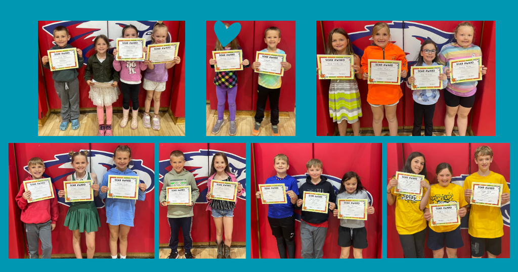 A photo collage composed of seven smaller photos featuring elementary school students posing in small groups of two to four. Each child is proudly holding up a "SOAR Award" certificate. They are standing on a wooden gym floor in front of a bright red wall with a blue and white school mascot logo partially visible behind them.