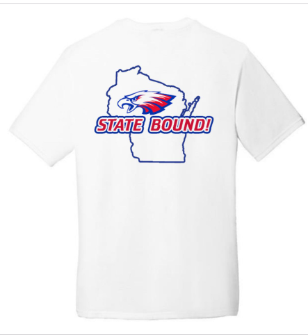 State Bound t-shirt back with state of Wisconsin outline, Eagle Head logo in the middle and words STATE BOUND!