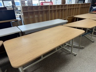 different size tables with metal legs varies sizes and some 5 station cubbies that have shelving for 5 spots with a top, a part to hang like a coat and then a bottom like for shoes was used in classrooms