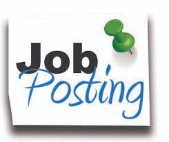 Sign that says Job in black and Posting in blue with a green push pin in the top right corner