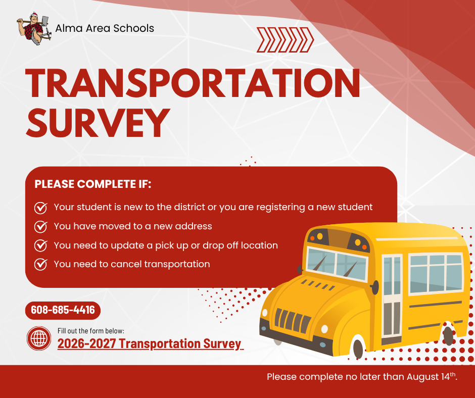 lma Area Schools Transportation Survey flyer. It requests completion by August 14th if a student is new, has moved, needs a location update, or needs to cancel transportation. Contact phone number: 608-685-4416. Includes a link to the 2026–2027 Transportation Survey.