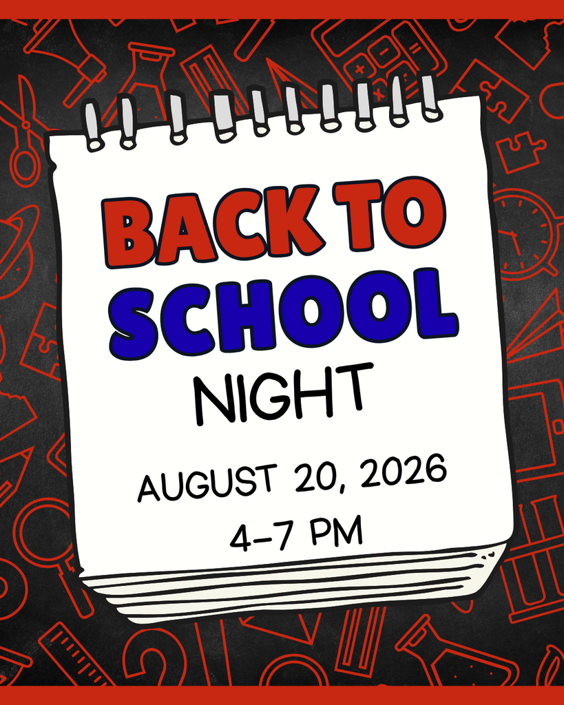 An event graphic for "Back to School Night" written on a spiral-bound notepad against a dark background covered in red school icon doodles. The notepad reads "BACK TO" in red letters, "SCHOOL" in blue letters, and "NIGHT" in black text, followed by the date "AUGUST 20, 2026" and time "4–7 PM."