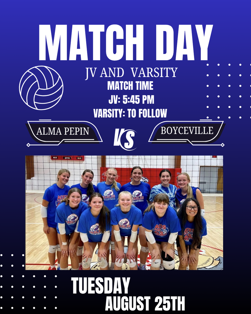 Match Day volleyball graphic featuring the Alma Pepin Eagles vs. Boyceville. JV match starts at 5:45 PM, with varsity to follow, on Tuesday, August 25. A team photo of 11 volleyball players in blue jerseys appears in the center.
