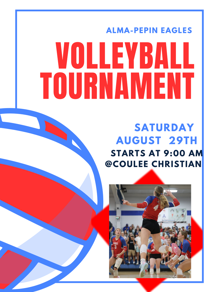 Red and Blue volleyball tournament poster. It starts at 9 AM and is in Coulee Christian.