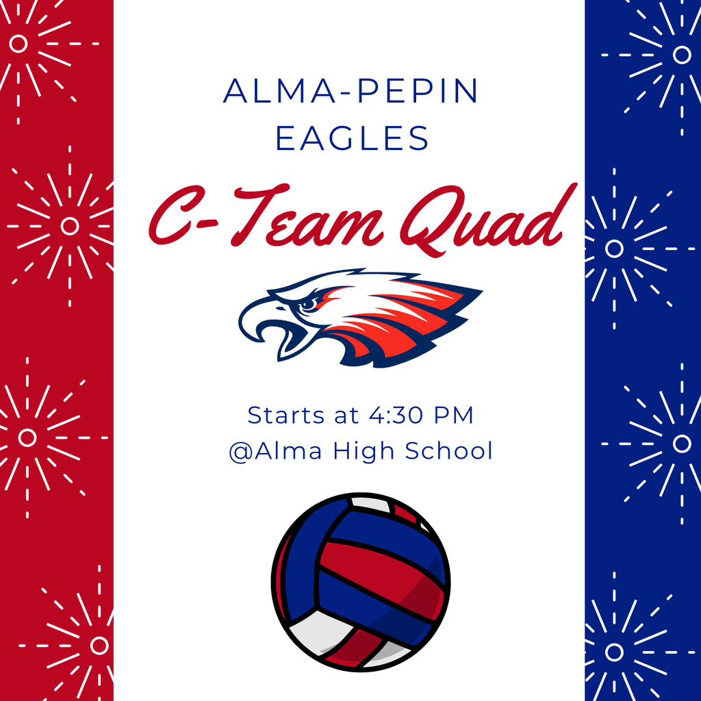 C-team quad in Alma at 4:30 PM. Red and Blue Volleyball Graphic