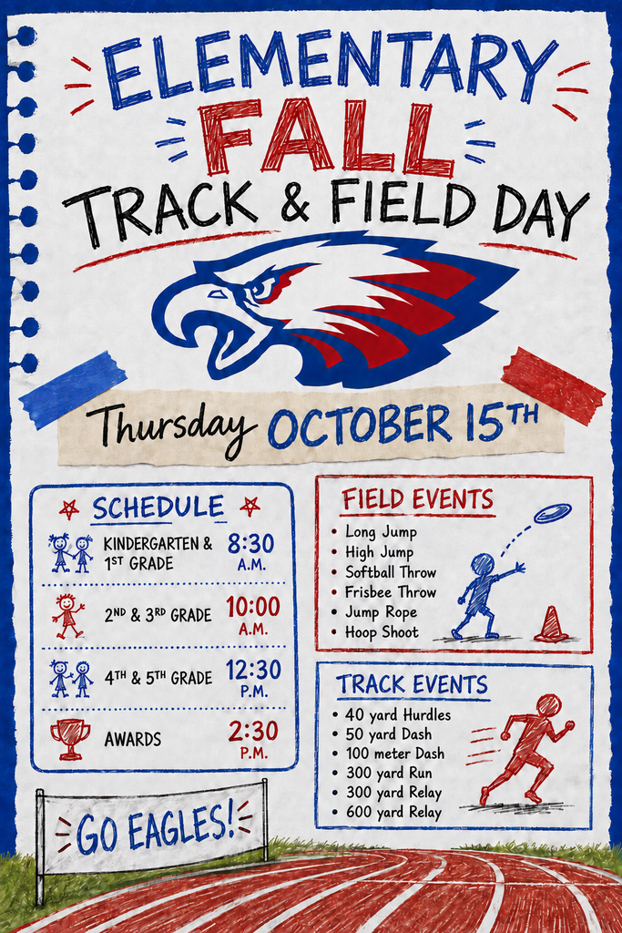 A notebook-style event flyer titled Elementary Fall Track & Field Day featuring a blue and red eagle mascot logo. The event takes place on Thursday, October 15th, set over a red running track with a sign reading "GO EAGLES!"