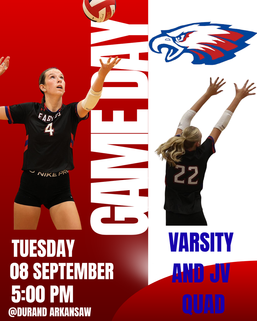 Graphic promoting a volleyball game on Tuesday, September 8 at 5:00 PM at Durand Arkansas. The design features two volleyball players in black uniforms, a volleyball, a blue-and-red eagle logo, and text reading “Varsity and JV Quad.