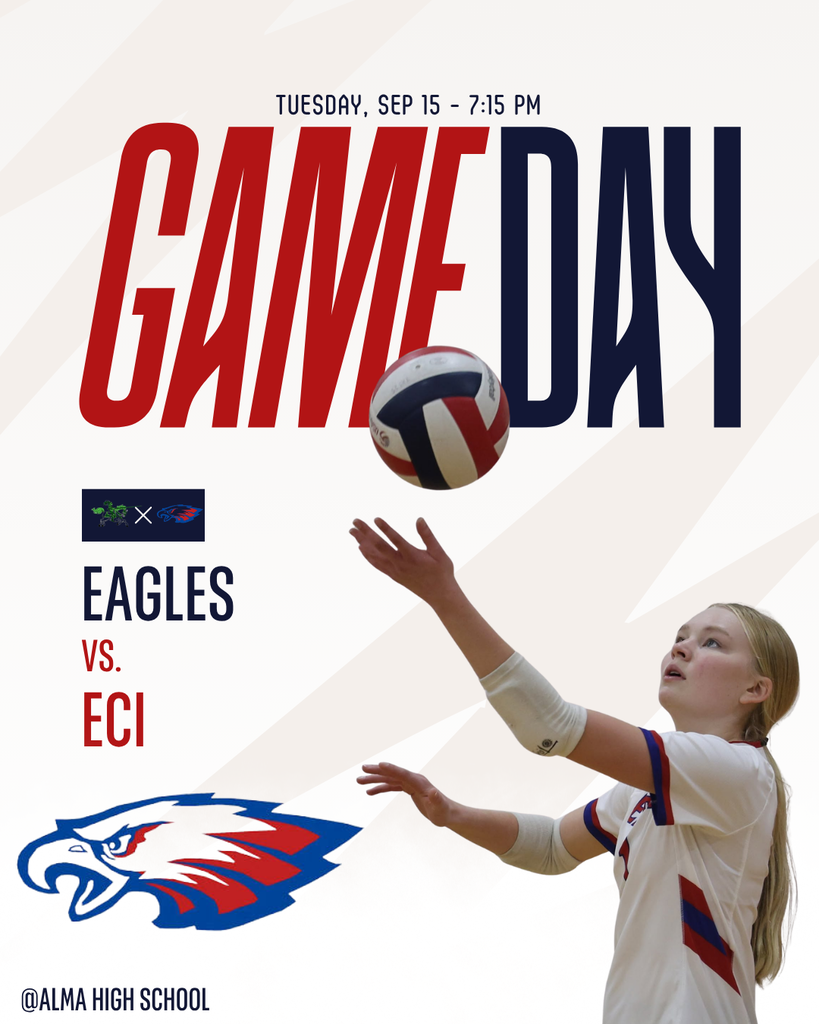 Volleyball game graphic announcing Eagles vs. ECI on Tuesday, September 15, at 7:15 p.m. The graphic features a volleyball, an Eagle logo, and a photo of a volleyball player reaching up to hit the ball.
