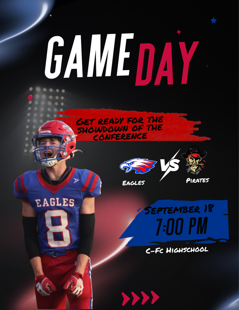 Game day football graphic featuring an Eagles football player wearing a blue and red uniform with number 8. The graphic announces the Eagles vs. Pirates showdown of the conference on September 18 at 7:00 PM at C-FC High School.