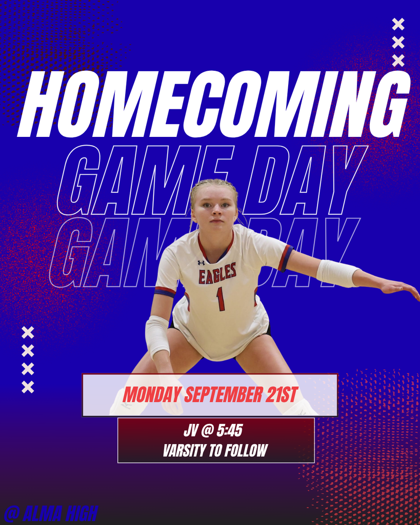Homecoming Game Day graphic featuring an Eagles volleyball player wearing a white No. 1 jersey. The graphic announces Monday, September 21st, with the JV game at 5:45 and varsity to follow.