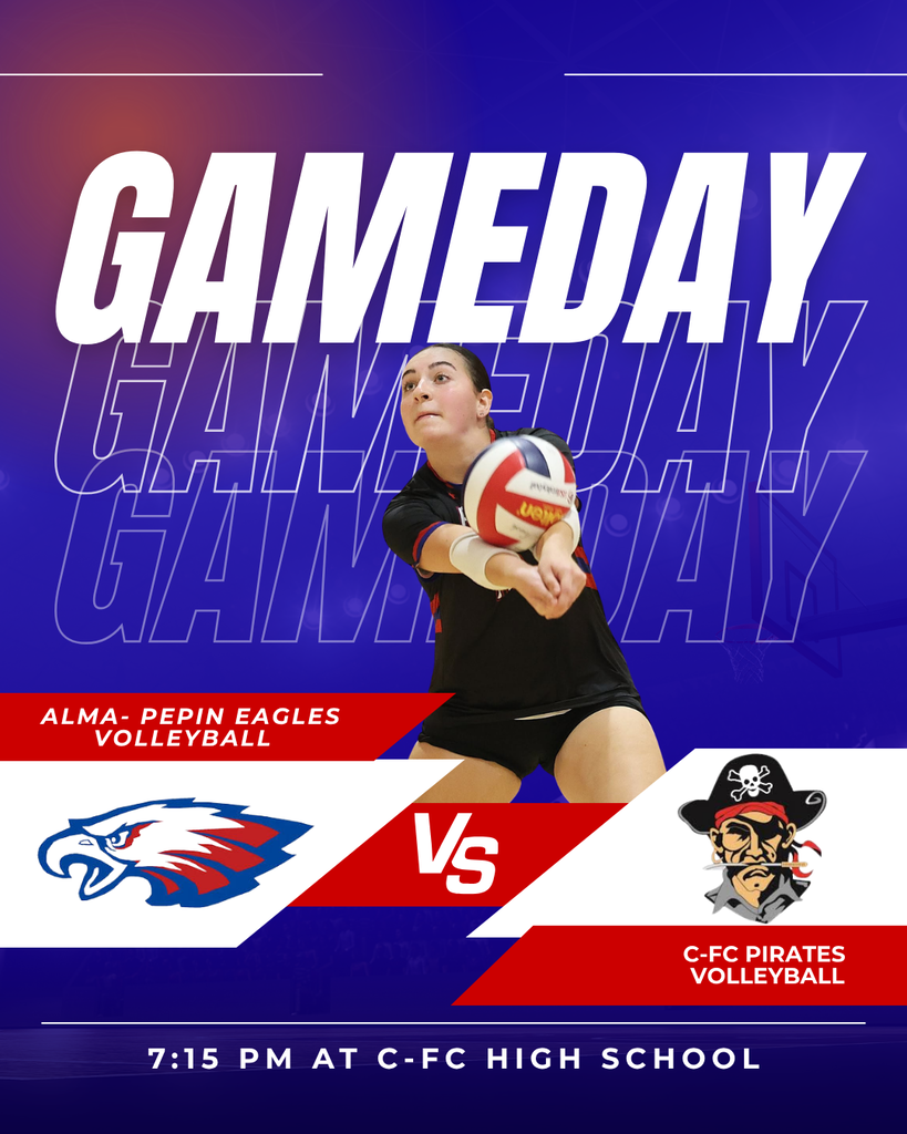 Game Day graphic for Alma-Pepin Eagles volleyball versus the C-FC Pirates. The graphic features a volleyball player in action, team logos, and announces the game at 7:15 p.m. at C-FC High School.
