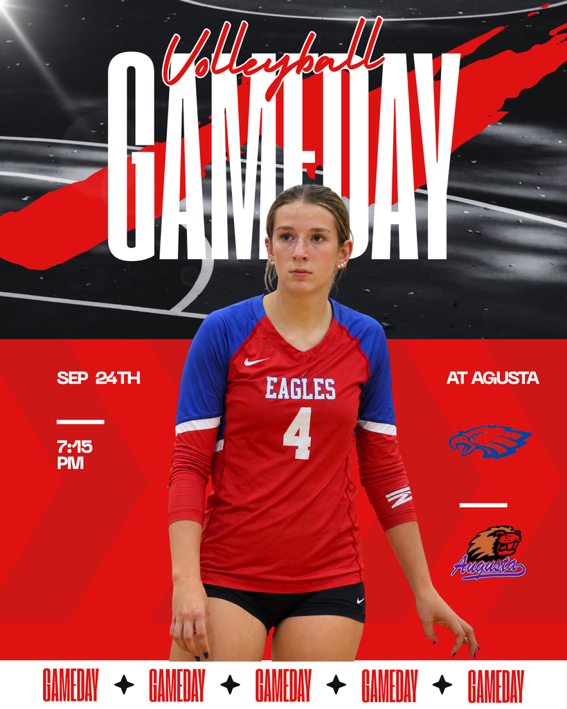 Volleyball game day graphic featuring an Eagles player wearing a red and blue No. 4 jersey. The graphic announces a September 24th game at 7:15 p.m. at Augusta, with the Eagles and Augusta team logos displayed.