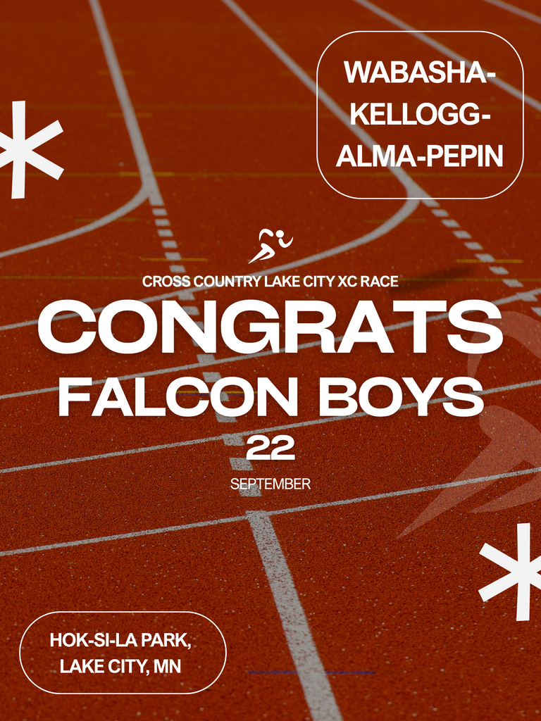 Graphic announcing congratulations to the Wabasha-Kellogg-Alma-Pepin Falcon boys cross country team following the Lake City XC Race on September 22. The graphic features a close-up image of a red running track with white lane markings, along with white running silhouettes and decorative asterisks. Text identifies the team and lists the location as Hok-Si-La Park in Lake City, Minnesota.