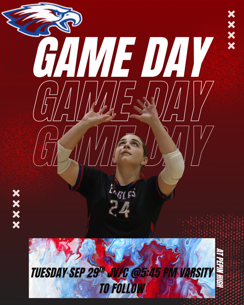 A red, white, and blue Eagles volleyball game-day graphic featuring a player wearing jersey number 24 with her hands raised above her head. Large text reads “GAME DAY,” with details at the bottom announcing Tuesday, September 29, JV/C at 5:45 PM varsity to follow, and “At Pepin High” along the side.