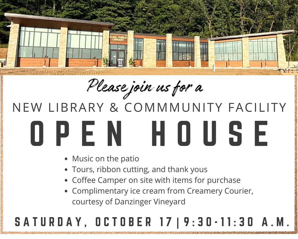 A flyer over a photo of a modern library invites the community to an open house, with music, tours, refreshments, and ice cream on Saturday morning.