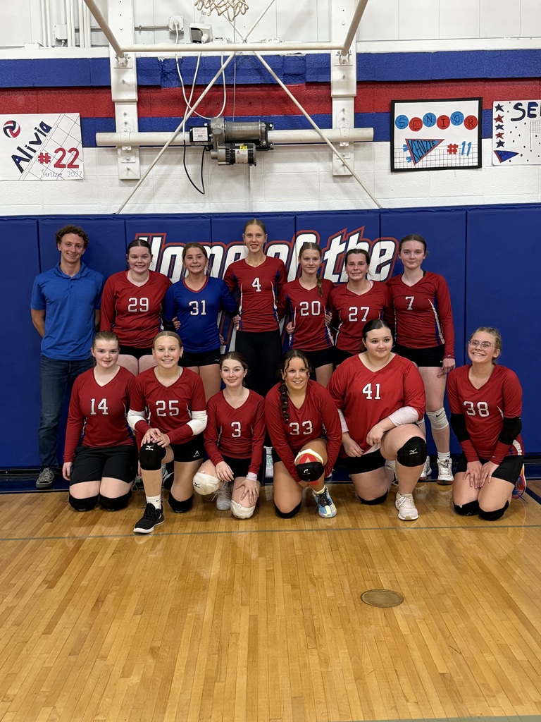 The volleyball team poses for a group photo in a gym, with players wearing red and blue jerseys and black shorts alongside their coach in a blue polo shirt. They stand and kneel in front of blue wall padding with an eagle logo and senior volleyball posters displayed above them.