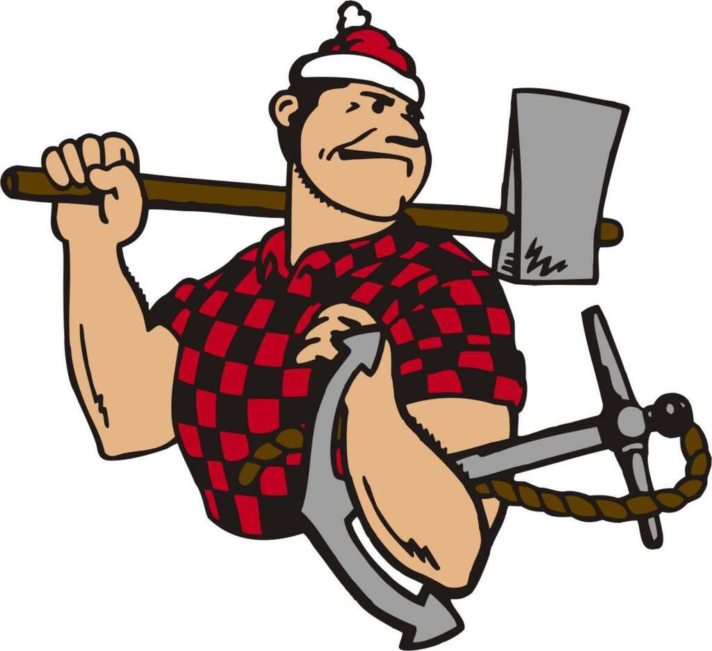 A person that looks like a Riverman holding an ax on his white shoulder and an anchor in his left arm.  He has a black and red checkered shirt with a red tassel hat.
