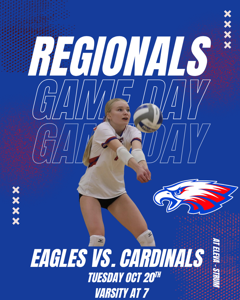 Regional game day volleyball poster featuring a female player in a white jersey and black shorts bumping a volleyball against a royal blue background. Bold white text reads “REGIONALS GAME DAY” and “EAGLES VS. CARDINALS.” The poster includes an eagle mascot logo, red and blue accents, and the event details: Tuesday, October 20th, varsity at 7, at Menomonie High School.