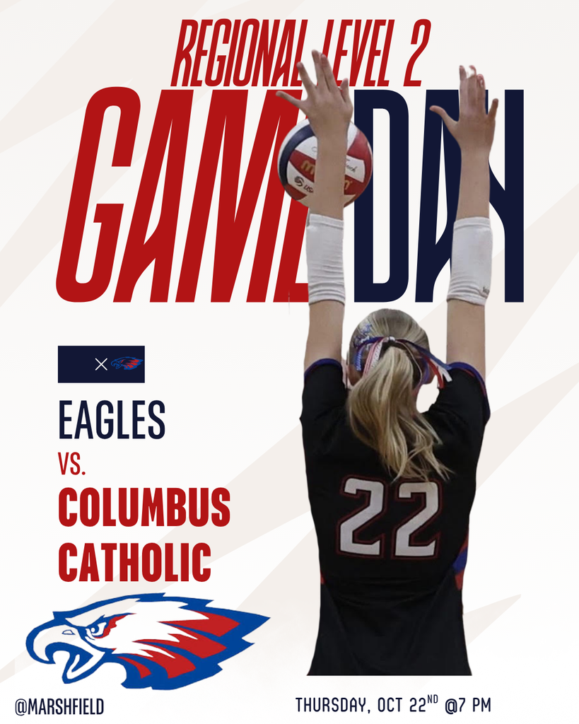 Volleyball game promotional graphic announcing the Eagles versus Columbus Catholic in a Regional Level 2 match on Thursday, October 22, at 7 p.m. A volleyball player wearing a black Eagles jersey with number 22 is pictured from behind, reaching up to block a volleyball. The design features bold red and navy lettering, an Eagles logo, and a white background with subtle geometric patterns.