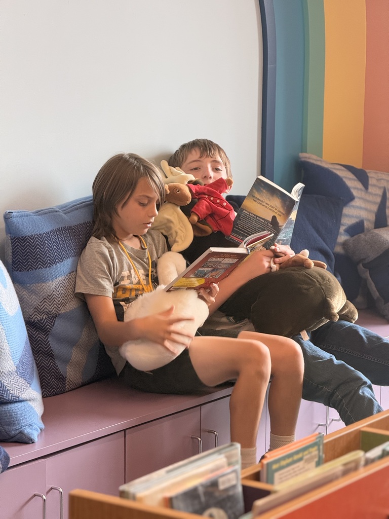 Two boys sitting together on a purple couch with blue cushions, both holding books. One holds a swan plush and the other has multiple on his chest. 